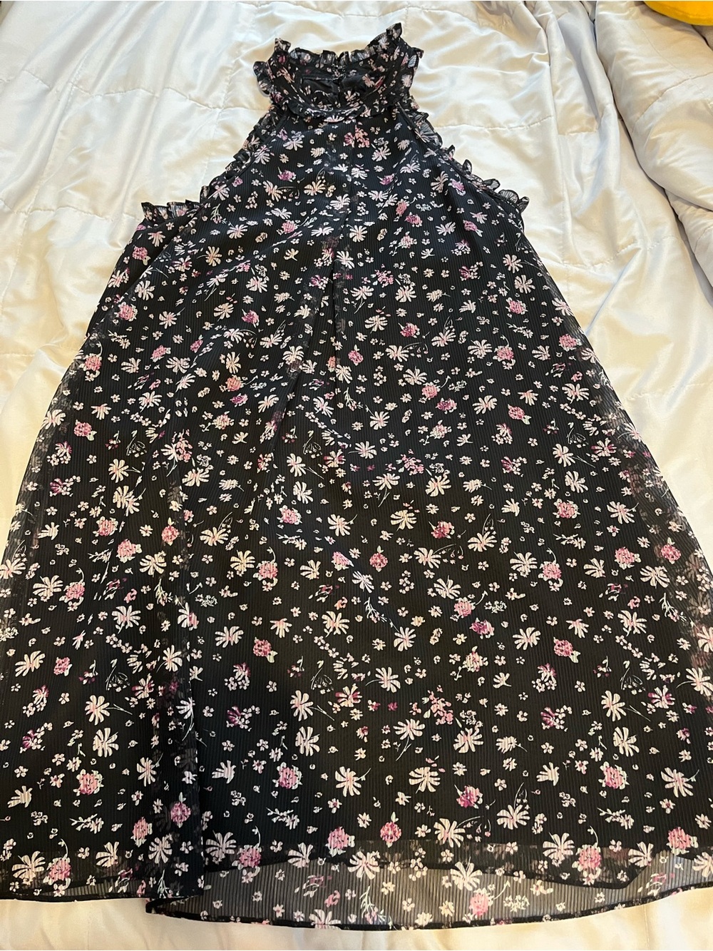 BCBGeneration Black Floral Ruffle Halter Dress with Pink and White Blooms